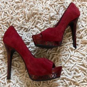 Red suede and snakeskin Jessica Simpson peep toes